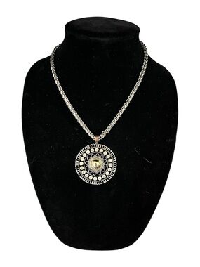 Silver-Tone Round Medallion Pendant Necklace - Black and Silver Accents